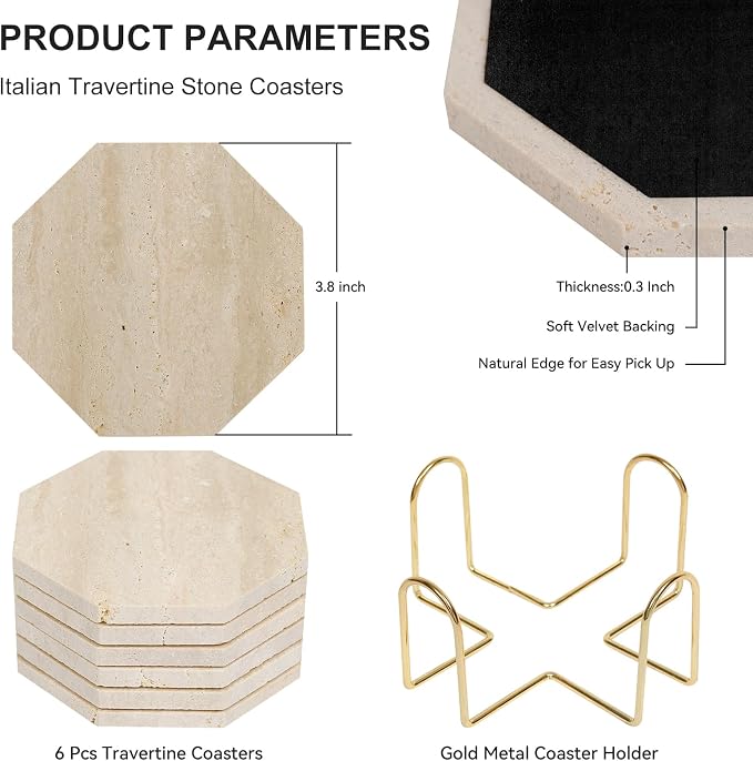 Octagonal Travertine Coasters Set of 6 with Holder, Farmhouse Rustic Neutral Stone Coaster for Home Table Decor, Porous Natural Travertine Absorbent Drink Coasters, Velvet Backed