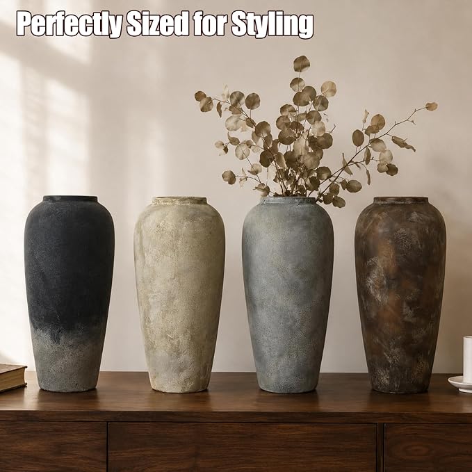 15 Inch Ceramic Rustic Farmhouse Vase, Handmade Pottery Flower Vases for Home Decor, Brown Ceramic Vase for Living Room, Table Centerpieces & Shelf Decor, Wedding Gifts
