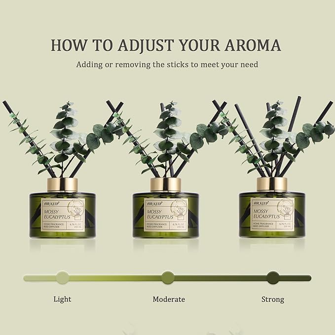 Airkeep Reed Diffuser Set with 6.76 fl oz Moss Eucalyptus Scent Essential Oils and 3 Leaves & 8 Diffuser Sticks,Bathroom Shelf Decor & Air Freshener, House Bedroom Office Decor & Gifts