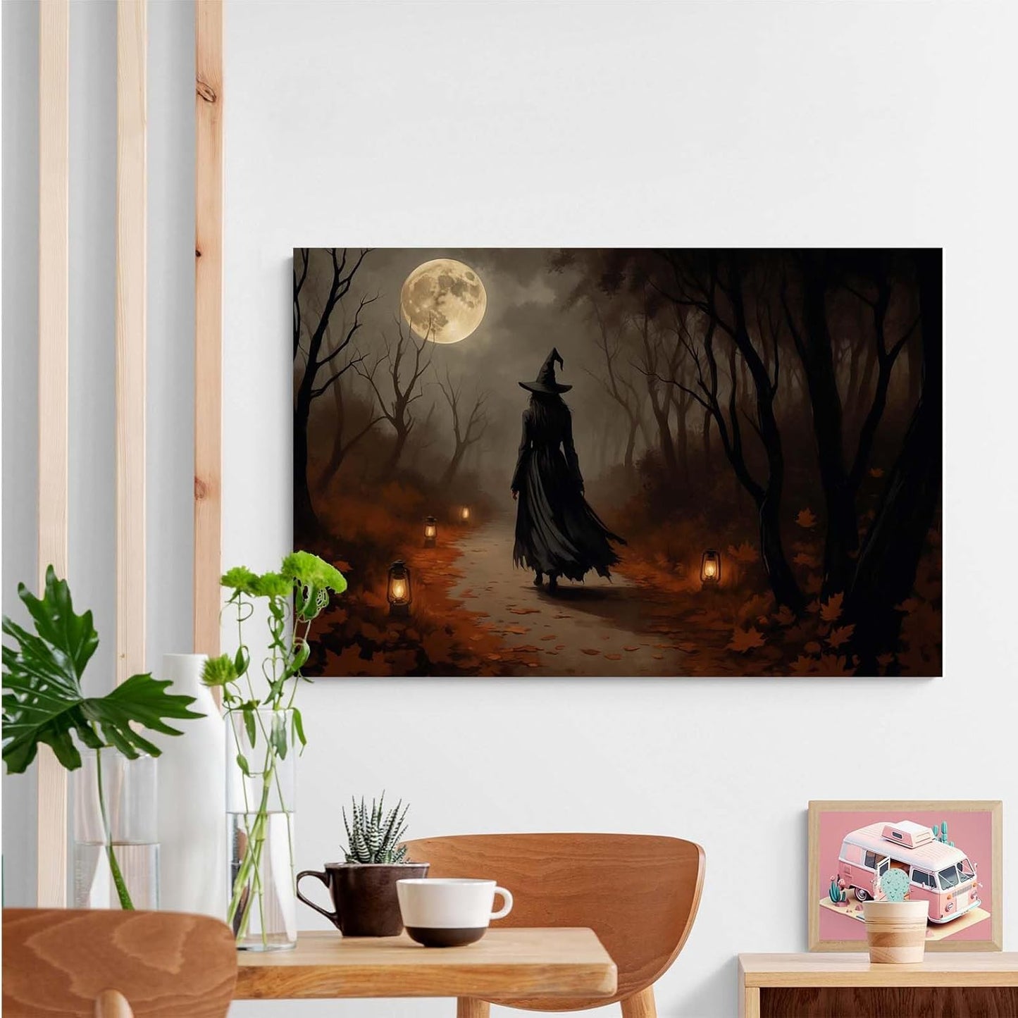 JFHCQJPK Moonlight witch poster dim lantern Halloween decoration Gothic style dark retro college style canvas wall art suitable for living room bedroom32x48in Frameless