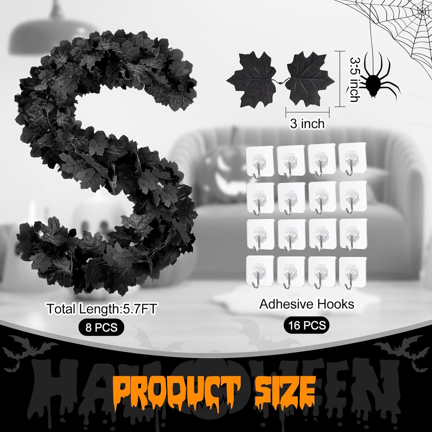 Joyhalo 8 Pack 5.7FT Black Maple Leaf Garland,Halloween Artificial Hanging Black Vines,Halloween Outdoor Garland for Mantle,Door Frame,Fireplace and Thanksgiving Decor