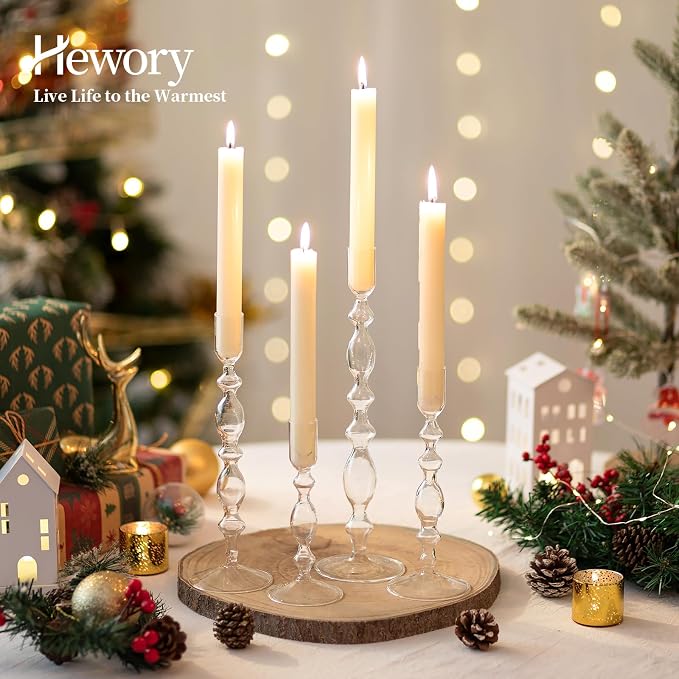 Hewory Glass Candle Holder Set: 4PCS Clear Glass Candlestick Holders Vintage Taper Candle Holders for Candlesticks, Unique Candle Sticks Holder Decor for Table Dinner Festival Events Decorations