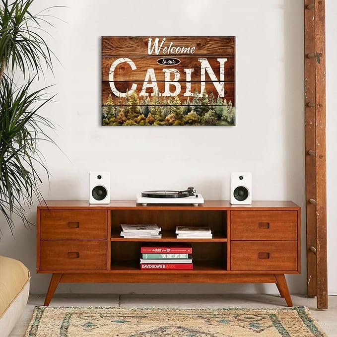 Cabin Wall Art Rustic Farmhouse Forest Wall Decor for Living Room Vintage Brown Wooden Grain Background Prints Welcome to our Cabin Picture Modern Artwork Bedroom Living Room Home Decorations 20x30"