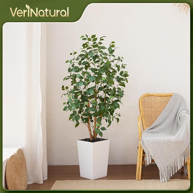VeriNatural 5ft Artificial Ficus Tree,Tall Faux Tree with Pebbles & Planter UV Resistant Potted Fake Plant with Silk Leaves & Real Wood Trunk,Indoor Outdoor Floor Plant for Home,Living Room,VN129