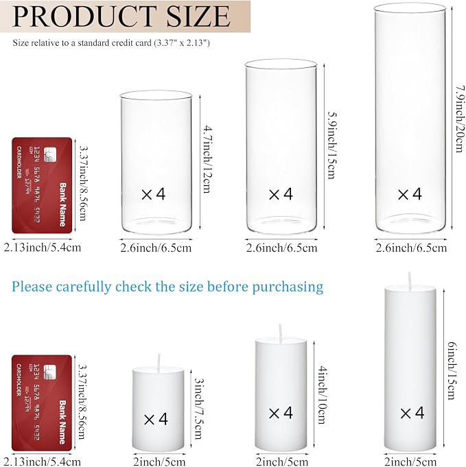 Set of 12 White Pillar Candles with Clear Glass Hurricane Holders- Elegant Cylinder Candle Vases for Weddings, Parties, Centerpieces, Home & Office Decor (White, 12 Set)