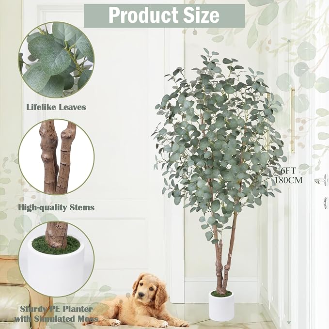 6FT Faux Eucalyptus Tree with White Pot, Artificial Eucalyptus Tree Indoor Plants with Silk Leaves Fake Eucalyptus Plant Fake Tree Faux Plants Indoor for Living Room Bedroom Office Home Decor