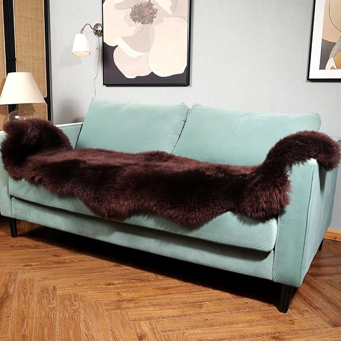 IRIWOOL Premium Genuine Fur Sheepskin Rug Real Australia Sheepskin Natural Luxury Fluffy Lambskin Fur Area Rug Seat Covers for Kids Bedroom Sofa Chair Cover (Mocha, Double Pelt/2ft x 6ft)
