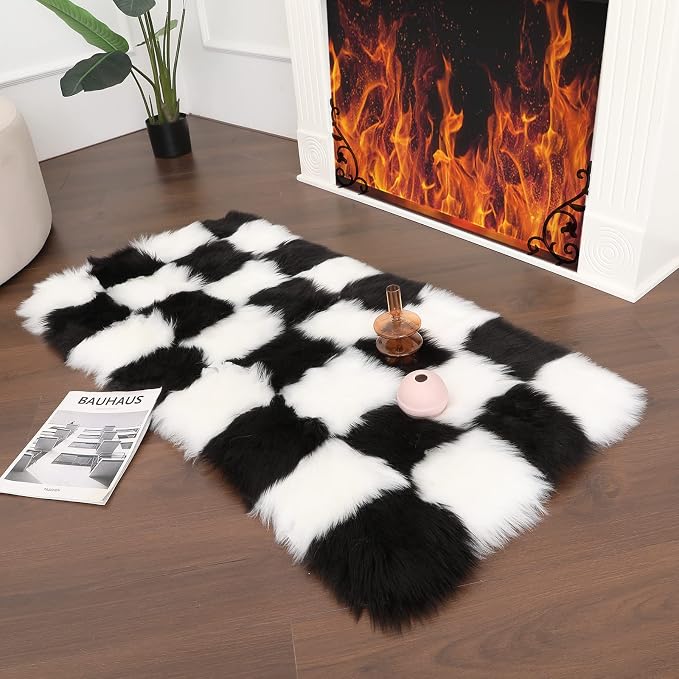 Faux Fur Black and White Checkered Rug, 2x3 Ft | Fluffy, Ultra Soft Shaggy Plush, For Bedroom Living Room Bedside Nursery Kids Room