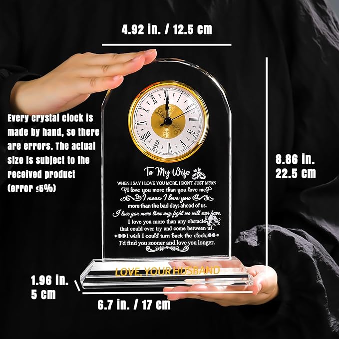 Gifts for Wife from Husband - Crystal Clock, Birthday, Wedding Anniversary Marriage Gifts Idea - to My Wife Clock Presents for Valentines Mother's Day (8.8'' Gift Boxed)