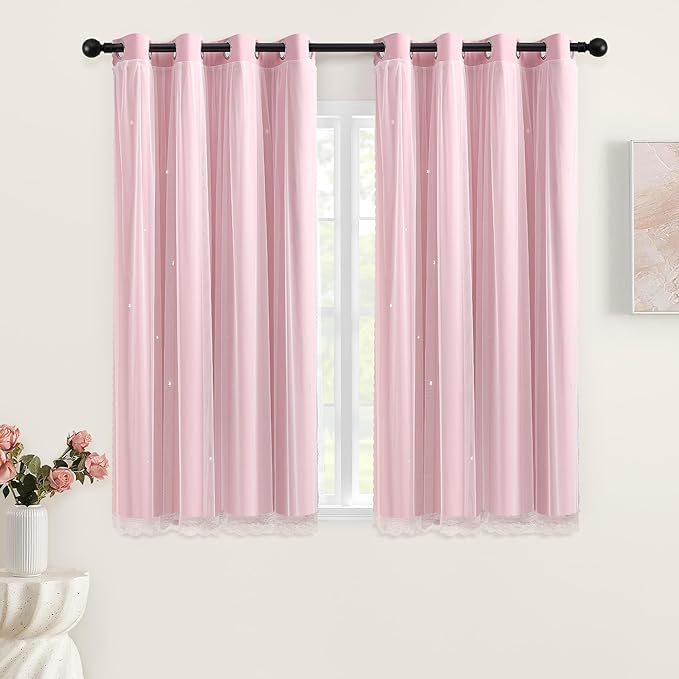 XiDi Baby Pink Blackout Curtains - Bedroom Window Treatment Curtains Thermal Insulated Room Darkening Drapes for Living Room Kitchen Grommet Top Light Blocking Drapery, 34 x 45 Inches Long, 2 Panels