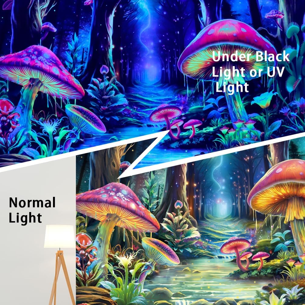 Yuiqear Blacklight Mushroom Tapestry Fantasy Forest Tree Tapestries UV Reactive Floral Plant Tapestries Neon Glow in The Dark Tapestry Wall Hanging for Bedroom Aesthetic Decor