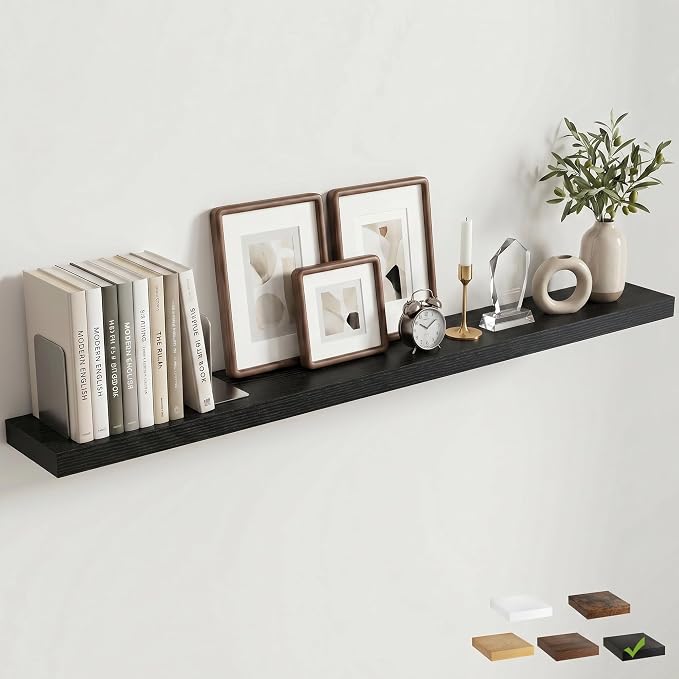 Venusmiles Floating Shelves for Wall, 55 Inch Floating Shelves Set of 1, 6.5" D Wooden Wall Mounted Display Shelves with Invisible Brackets for Living Room, Bedroom, Bathroom, Kitchen Decor, Black