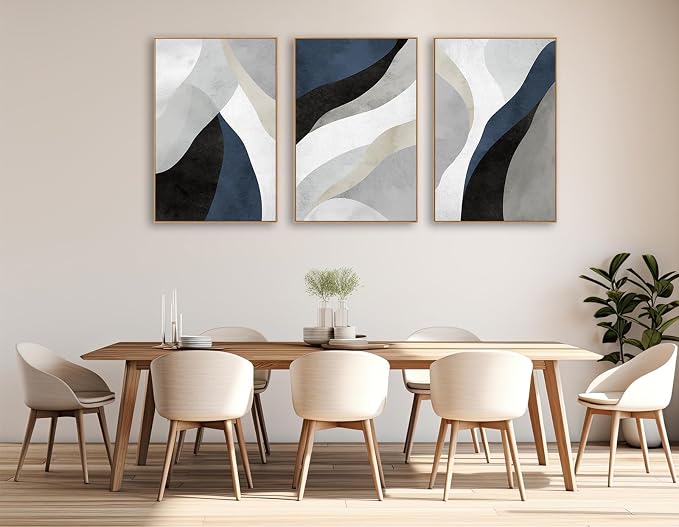 Large Abstract Framed Wall Art - Modern Canvas Wall Art Pictures Prints for Living Room Decor Natural Float Framed Artwork for Bedroom Kitchen Home Office Decoration 72" X 36" Set of 3 Blue Grey White