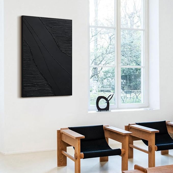 Hand-Painted Black Abstract Canvas Wall Art, Modern Minimalist Oil Painting | Vertical 3D Textured Monochrome Artwork for Living Room Bedroom Office Hallway, Large Ocean-Inspired Wall Decor, 24x36 In