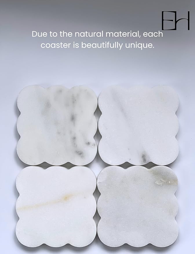 Marble Coasters Set of 4, Handcrafted Drink Protectors, Natural Stone Coaster Bar & Table Decor, Modern Desk Aesthetic Accessories, Non-Slip Luxury Gift (White Marble Square Scalloped)