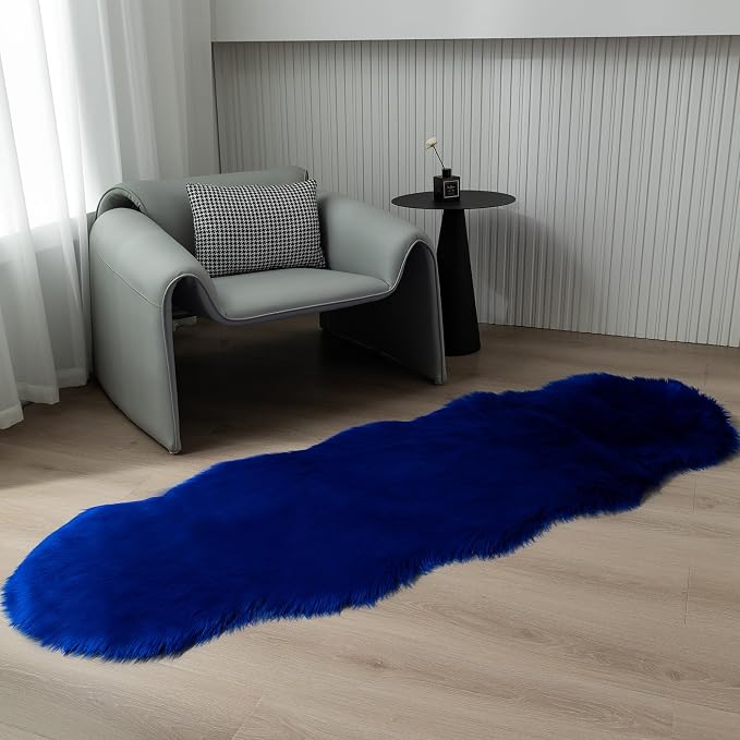 Faux Fur Sheepskin Runner Rug Royal Blue 2x6 ft Ultra Soft Shaggy Plush Fluffy Fuzzy Area Carpet Decorative Chair Cover Floor Mat for Bedroom Sofa Living Room Bedside