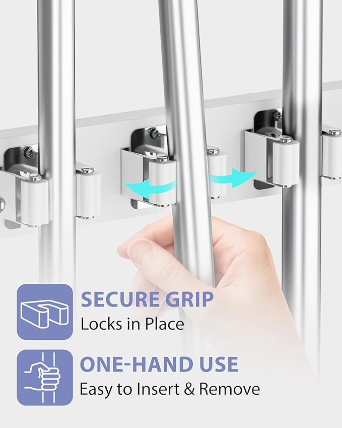 FANGSUN Broom Holder Door Mount Hanging, Over The Door Broom and Mop Organizer with 4 Slots and 4 Hooks, Wooden Tool Rack Storage Hanger for Laundry, Closet, Garage, No Drills