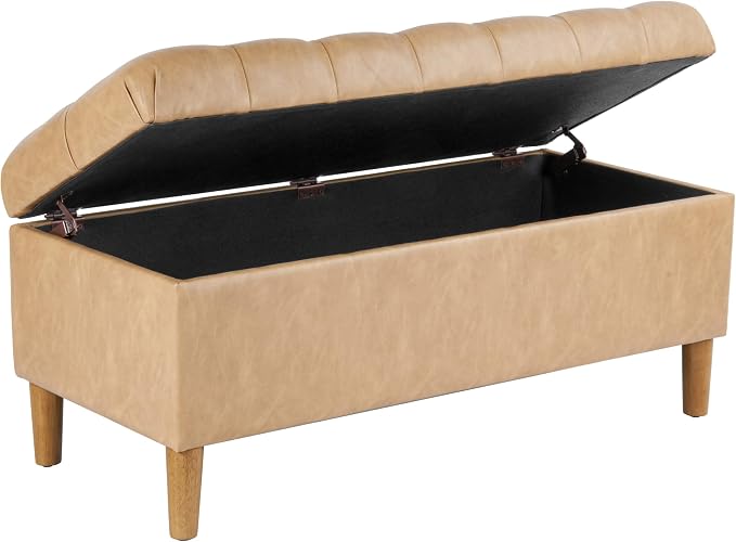 HomePop 40" Button Tufted Storage Bench with Cone Wood Legs - Sand Faux Leather