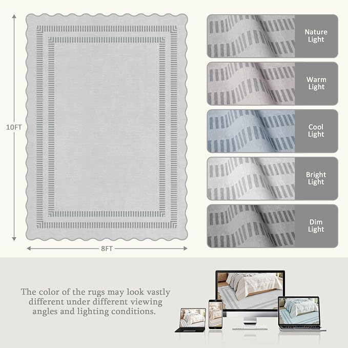 8x10 Area Rugs, Scalloped Grey Modern Living Room Rug, Solid Large Machine Washable Rug Non-Slip, Soft Lightweight Carpet for Bedroom Playroom Dining Room