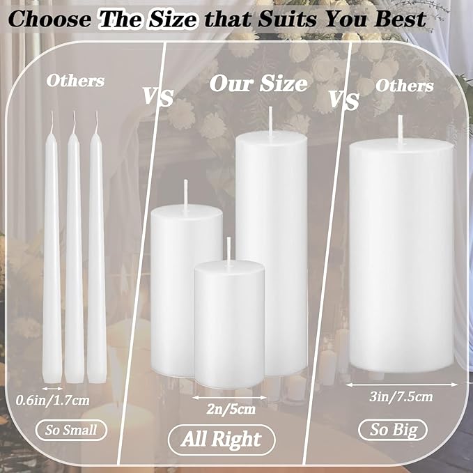 Ivroy Pillar Candles Bulk Set of 18，Hurricane Candles，3 Different Lengths 2 x 3/6/8 Inch (6 Each)，Dripless Unscented Smokeless，Gives You a Better Atmosphere When Organizing an Event Party.