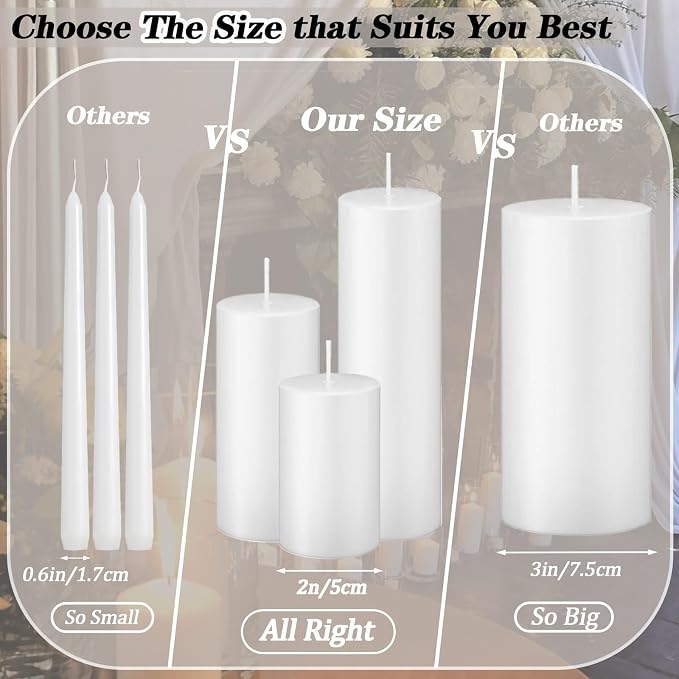 18 Pcs Ivory Pillar Candles Bulk Set，3 Different Lengths 2 x 3/4/6 Inch (6 Each)，Hurricane Candles，Dripless Unscented Smokeless，Gives You a Better Atmosphere When Organizing an Event Party.