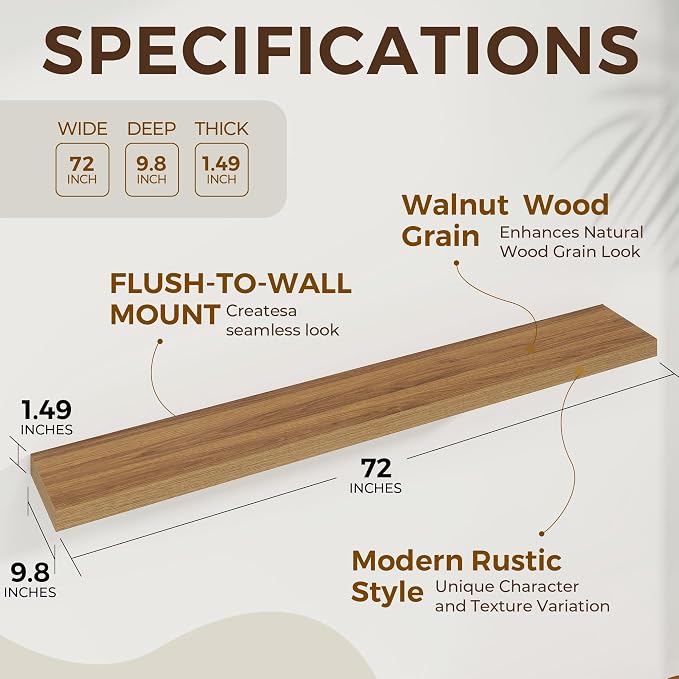 Dreamland 72Inch Walnut Floating Shelves 9.8" Deep Wall Mounted Set of 2 | Wall shelves for bathroom, bedroom, Living Room, kitchen, deep wall mount wood storage display for home decor 72" x 9.8"