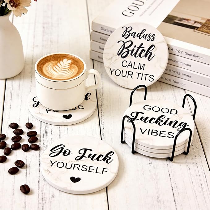 Funny Coasters with Holder Cool Gag Gifts for Adult Women Drink Fun Cup Coaster Set of 6 Coffee Table Bar Decor Unique Modern Coasters Man Cave Accessories Home Housewarming Gift Barsys Coster