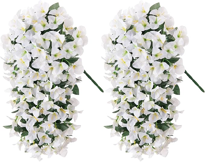 INXUGAO 2 pcs Artificial Faux Bougainvillea Flowers Plants for Outdoor Outside Summer Decoration, Fake Silk UV Resistant Long Trailing Vines for Front Door Porch Planter Balcony (White)