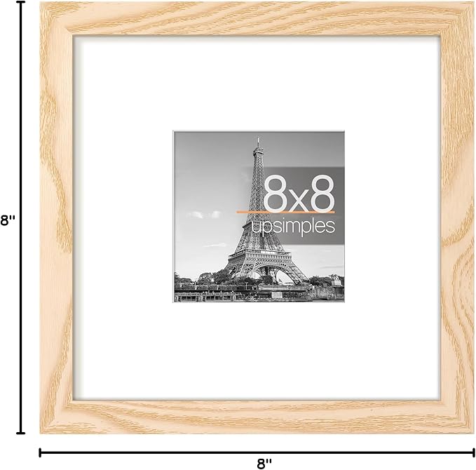 upsimples 8x8 Picture Frame, Display Pictures 4x4 with Mat or 8 x 8 Without, Wall Hanging Photo Frames, Natural, 1 Pack