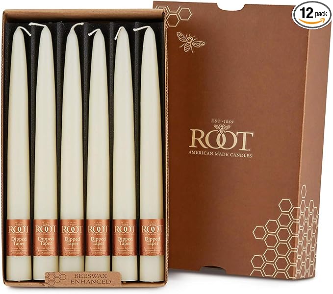 Root Candles 12-Count Unscented Taper Candles Smooth Hand-Dipped Dripless Beeswax Enhanced Boxed Candle Set, 9-Inch, Ivory