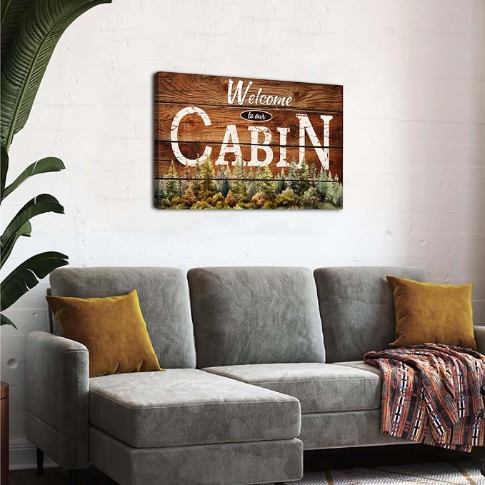 Cabin Wall Art Rustic Farmhouse Forest Wall Decor for Living Room Vintage Brown Wooden Grain Background Prints Welcome to our Cabin Picture Modern Artwork Bedroom Living Room Home Decorations 20x30"