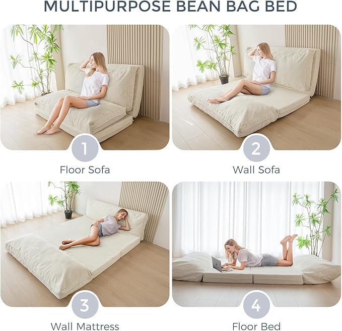 MAXYOYO Folding Sofa Bed, Floor Sofa Convertible Chair with Washable Cover, Floor Couch Lounge Bean Bag Chair Bed for Living Room, Beige, 39x91 Inch