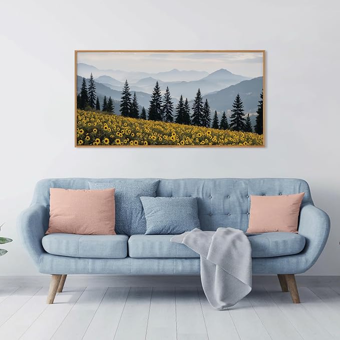 HPNIUB Large Boho Mountain Sunflowers Framed Canvas Wall Art Set, Nature Pine Tree Landscape Wall Decor, Misty Forest Art Print, Rustic Wildflower Painting Artwork for Living Room, Bedroom,Office -20''x40''