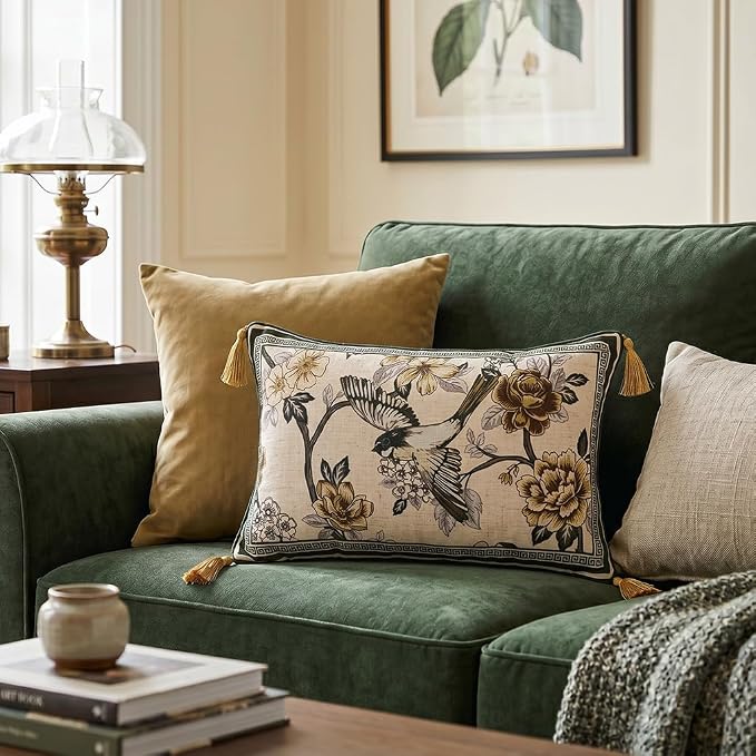 ISAENNE Vintage Linen Rectangle Throw Pillow Cover,Set of 2,20"x12"-Murad A | Designer French Decor Pillow Cover,Concealed Zipper Design,Floral and Bird Pattern,Sofa,Bedroom,Living Room,Lounge Chairs
