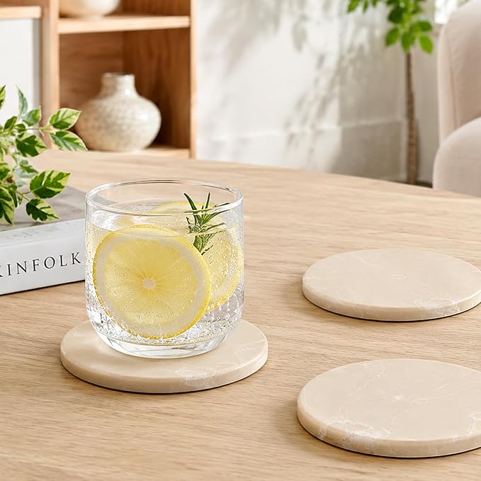 Koville Marble Coaster Set of 4, Round Coasters, 4" Stone Coaster for Drinks Coffee, Marble Coasters for Coffee Table Home Bar Decor, Heat Resistant, Gift Choice(Beige)