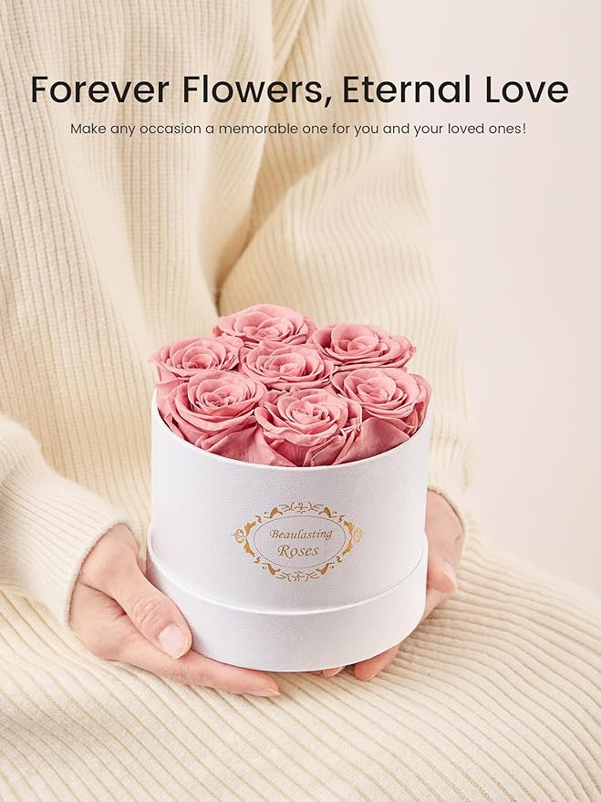 Beaulasting Long Lasting Preserved Roses in a Box Last a Year Forever Flowers for Her Mom Wife Anniversary Birthday (Round White Box, Dusty Pink)