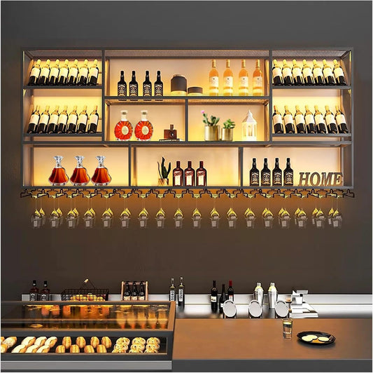 78.7Inch Wall Mounted Wine Rack, 3 Tiers Large Bar Shelves with 21 Glass Holder, Metal Wine Bottle Display Shelf, Modern Iron Liquor Shelf, for Kitchen Dining, Home Bar, Cellar (78.7" W)