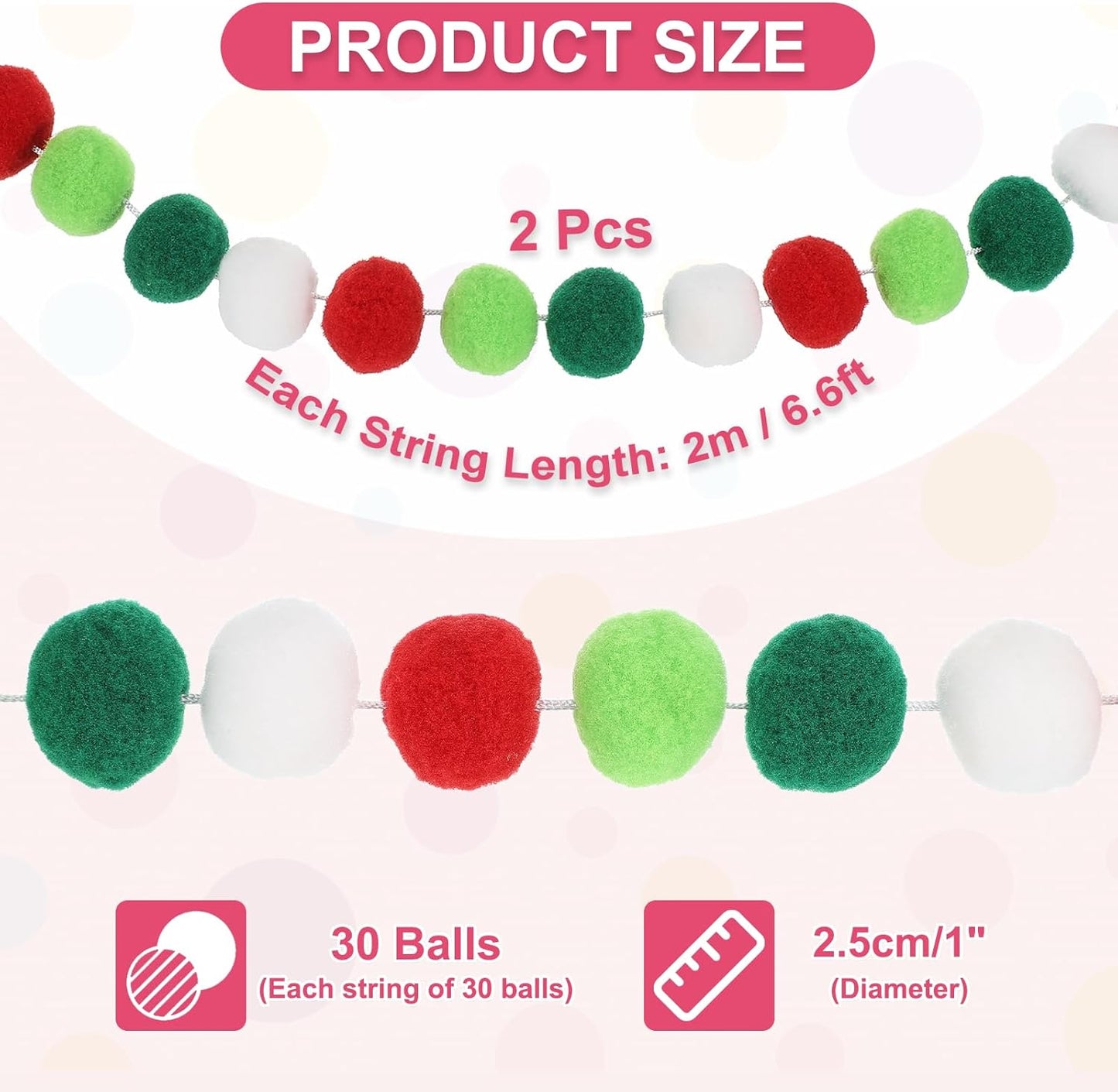PATIKIL 13Ft Pom Pom Garland Decorations, 2Pcs Colorful Felt Ball Garland Banner Cute Rainbow Pompom Hanging Decorations for Tree Ornaments Homes Decor, Red/Green/White/Gray Green
