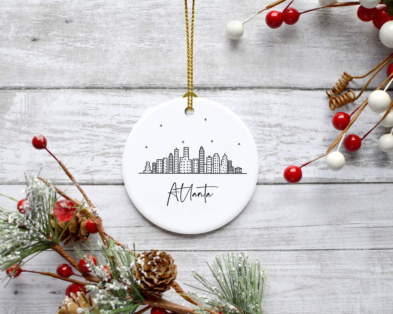 Andaz Press Round Ceramic Porcelain Christmas Tree Ornament Keepsake, Atlanta Black and White Stars City Skyline Graphic, 1-Pack, Birthday Gift Ideas for Family Coworker, Includes Gift Box