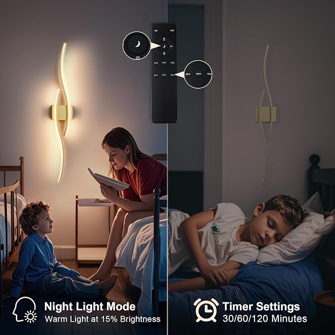 KARTOOSH Battery Operated Wall Sconces with Remote Control, Dimmable/3 Colors/Night-Light/Timer/Memory, Gold Modern Wireless LED Sconce for Living Room, Hallway, Bedroom, 39.3 Inch (1 Pack)