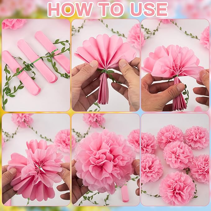 OBBOLO 3D Hanging Butterfly Decorations, Colorful Butterfly Birthday Party Decorations with Tissue Pompom Garland, 6 Pcs Paper Hanging Decorations for Girls, Women, Flower Garden Party Décor