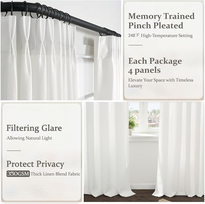 Extra Long 108 Inch Pinch Pleated Sheer Living Room Curtains 4 Panels Set, Snow White Memory Trained Linen Light Filtering Farmhouse Large Window Curtains & Drapes for Sliding Glass Doors 9FT Length