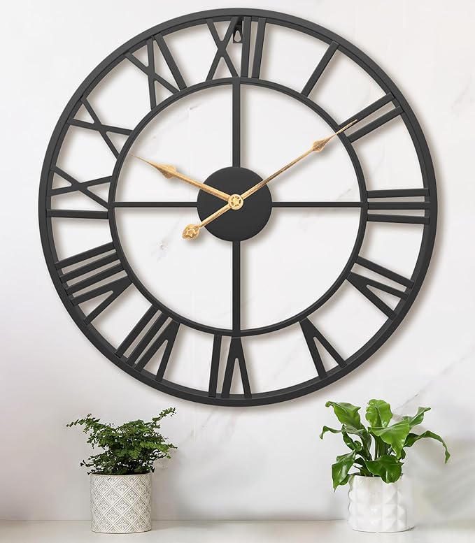 Pytha Sight 24 Inch Large Oversized Farmhouse Modern Decorative Wall Clock for Living Room,Silent Industrial Big Roman Numerals Vintage Metal Round Wall Clocks for Kitchen,Dinng Room,Office