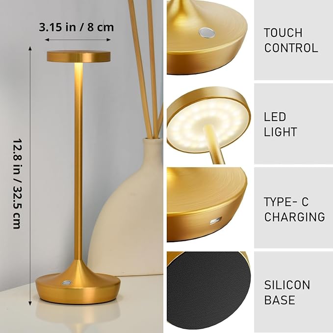 Gold Cordless Table Lamp, Rechargeable 6000mAh Battery LED Desk Lamp, Portable Metal Touch Lamp with 3-Level Dimming, Waterproof Light for Restaurant, Dining Table, Patio & Home Decor(Gold)
