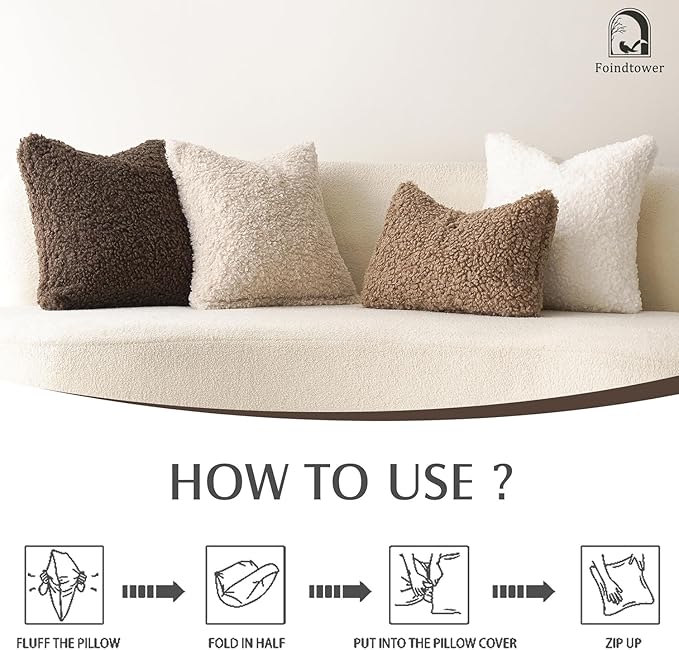 Foindtower Set of 2 Curly Teddy Wool Faux Fur Pillow Covers Decorative Boucle Textured Lumbar Throw Pillow Oblong Accent Pillowcases Sheepskin Cushion Case for for Chair and Couch 12"x20" White
