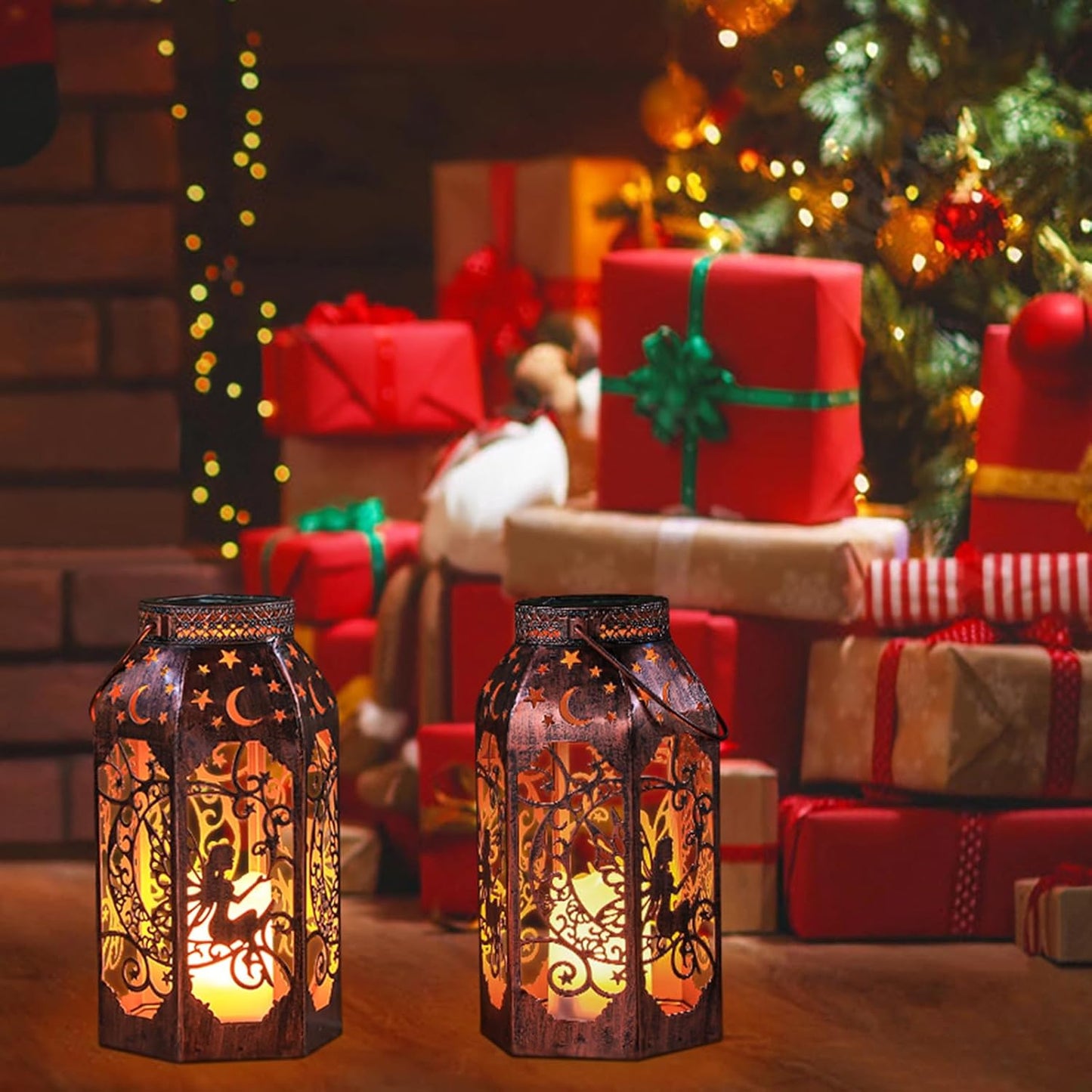 Solar Lanterns Outdoor Hanging Metal Bronze Moon Fairy Lantern, 1 Pack Waterproof Flickering Flameless Candle Mission Lights for Table,Pathway,Garden Gifts for Women, Mothers' Day Gift