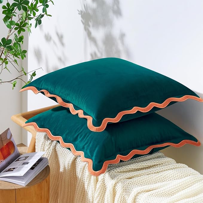 MONDAY MOOSE Decorative Throw Pillow Covers Cushion Cases, Set of 2 Soft Velvet Scalloped Wavy Edge Designs, Mix and Match for Home Decor, Pillow Inserts Not Included (18x18 inch, Coral/Dark Teal)