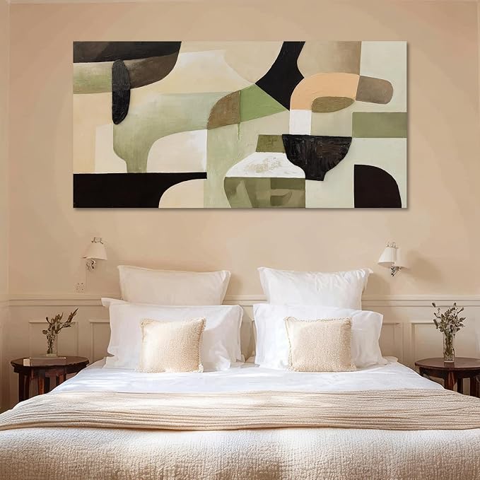 ZUNARE Modern Abstract Green and Beige Canvas Ceramic vessel form Wall Art Minimalist Color Block Artwork Contemporary Painting for Living Room Bedroom Office Wall Decor 24x48 Inch