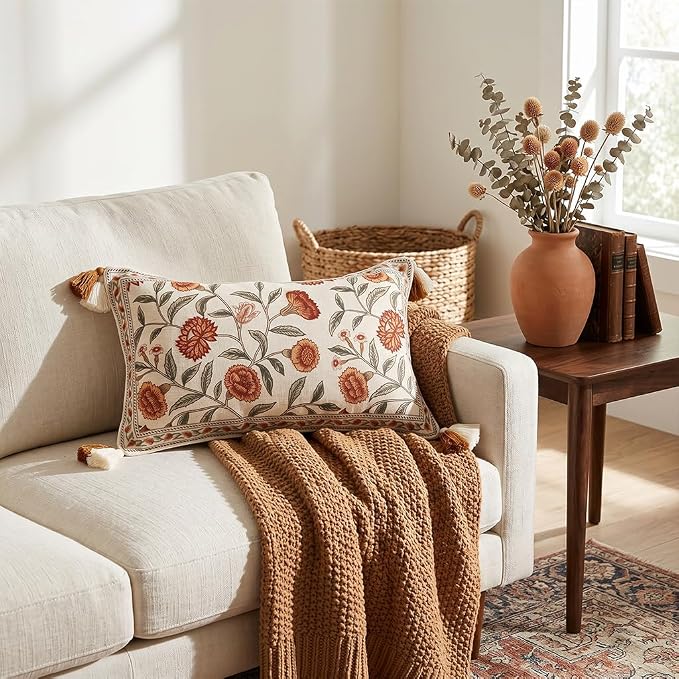ISAENNE French Linen Rectangle Throw Pillow Cover,Set of 2,20"x12"-Albano A | Designer Vintage Pillow Cover,Concealed Zipper Design,Orange Floral Pattern,Sofa,Bedroom,Living Room,Lounge Chairs