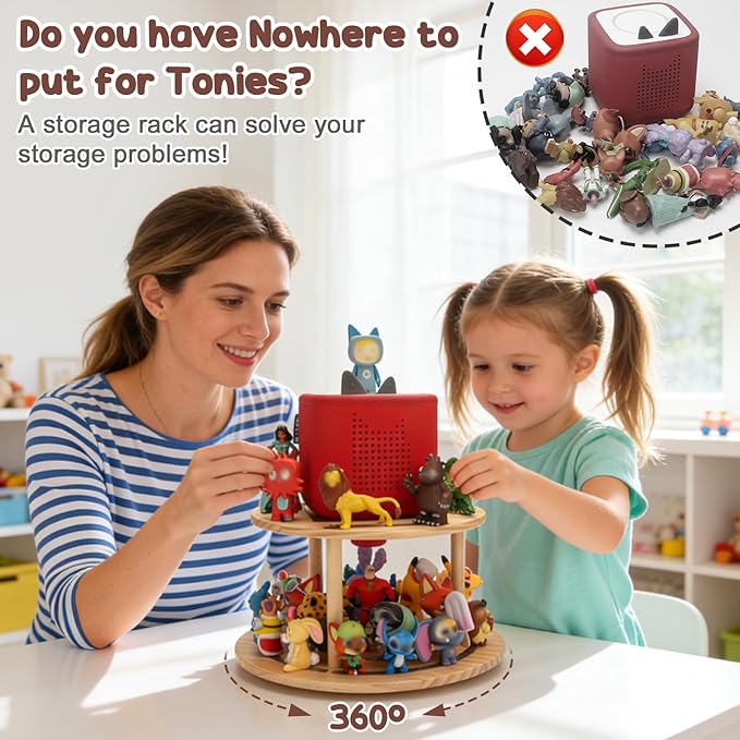 360° Rotating Storage Shelf for Toniebox1/2, 2-Tier Organizer Holder for 20~30 Tonies Figures, Wooden Magnetic Stand Display for Tonie Box Characters Tonieplay Game Controller